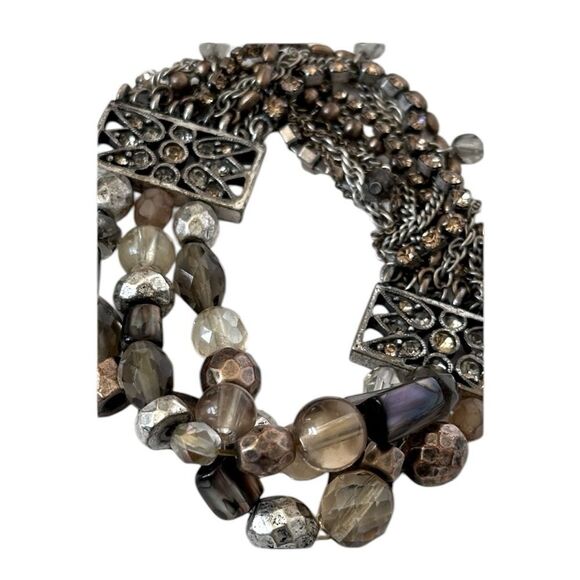 Multi-strand chains, rhinestones, brown and neutral-toned beads bracelet. - Picture 2 of 7